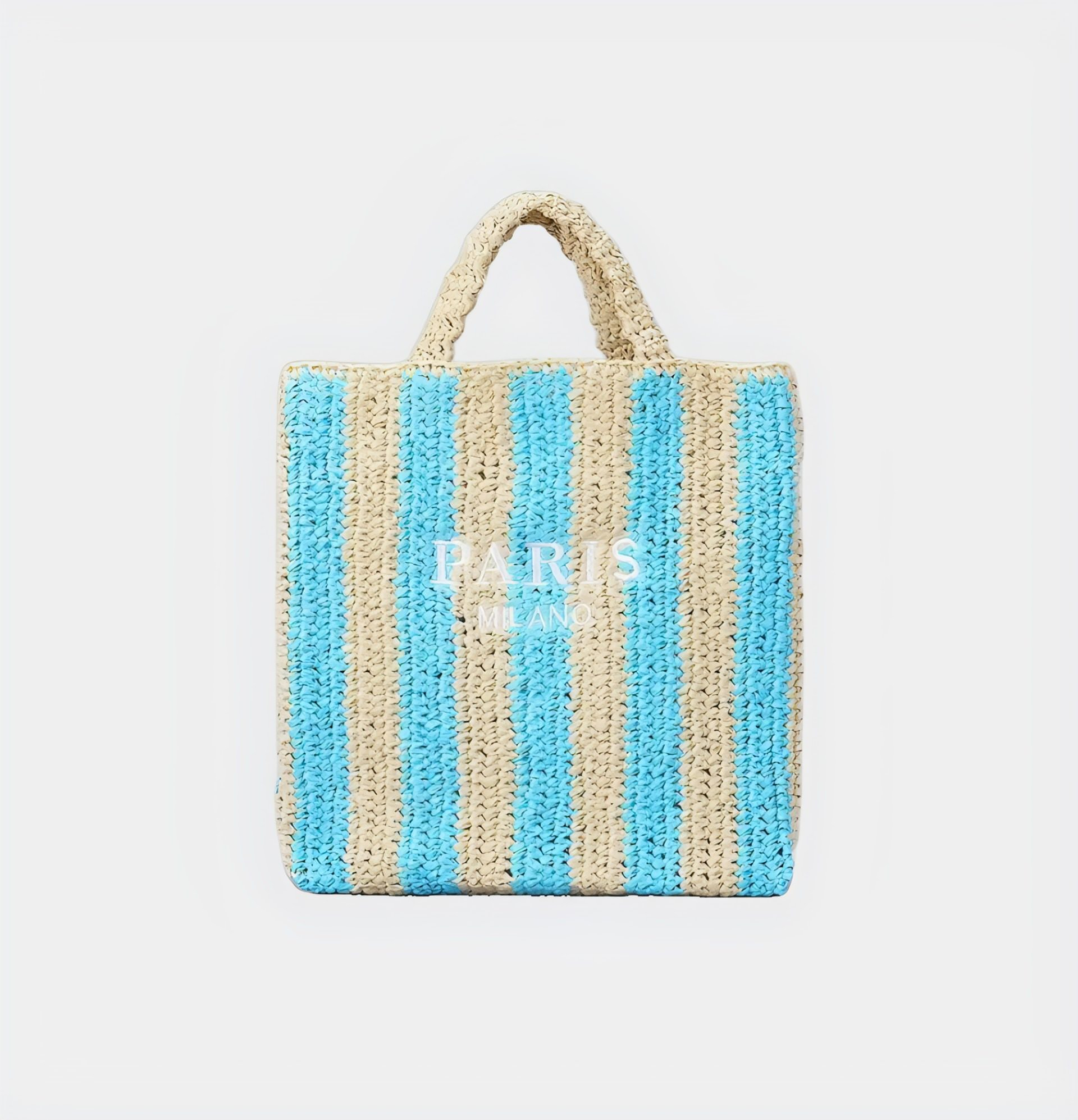 Striped Straw Bag with Embroidered Letters