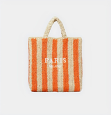 Striped Straw Bag with Embroidered Letters