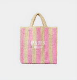 Striped Straw Bag with Embroidered Letters